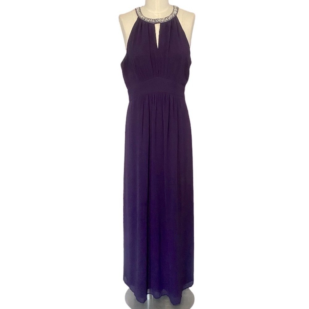 Purple Chiffon Beaded Keyhole Halter Maxi Dress Gown size Large bridesmaid